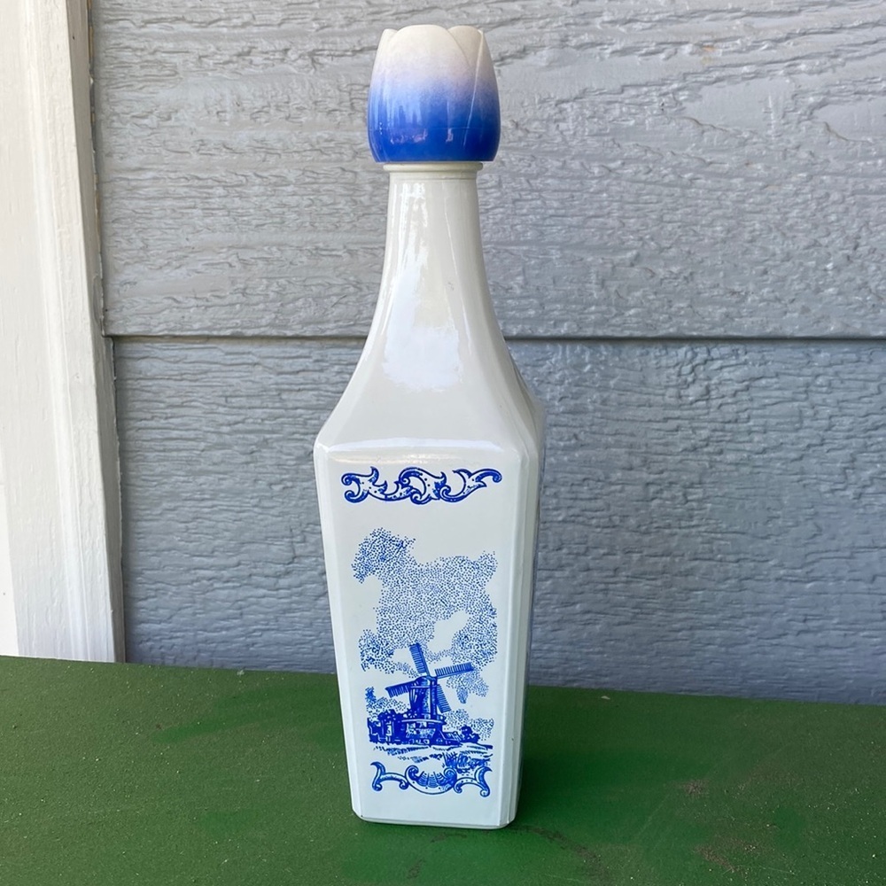 Vintage glass Dutch Liquor bottle white and blue with tulip cap